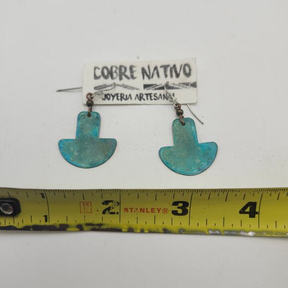Cobre Nativo Native Copper Earrings Blue Patina Geometric Dangle Artisan Boho - Picture 3 of 8